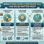Infographic explaining free zone corporate tax UAE rules, qualifying free zone person status, qualifying income, tax exemptions, and UAE corporate tax compliance requirements.