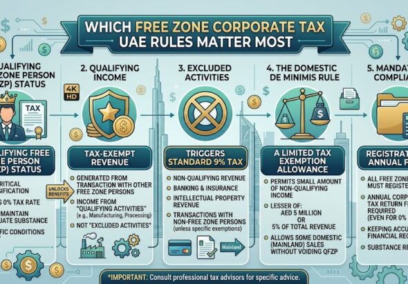Infographic explaining free zone corporate tax UAE rules, qualifying free zone person status, qualifying income, tax exemptions, and UAE corporate tax compliance requirements.