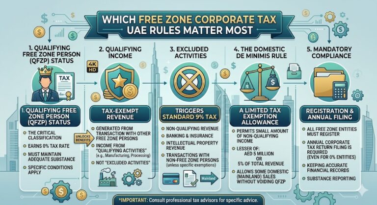 Infographic explaining free zone corporate tax UAE rules, qualifying free zone person status, qualifying income, tax exemptions, and UAE corporate tax compliance requirements.