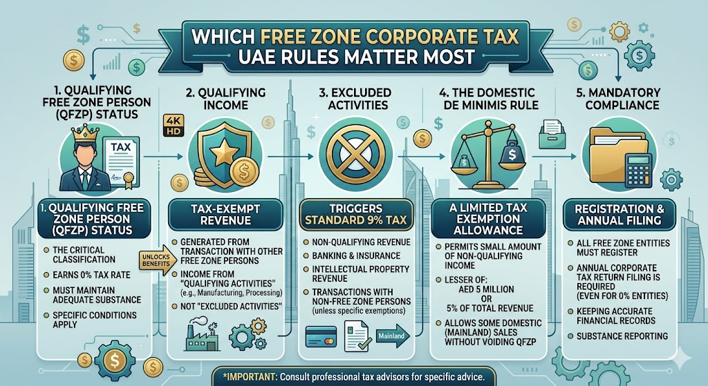 Infographic explaining free zone corporate tax UAE rules, qualifying free zone person status, qualifying income, tax exemptions, and UAE corporate tax compliance requirements.